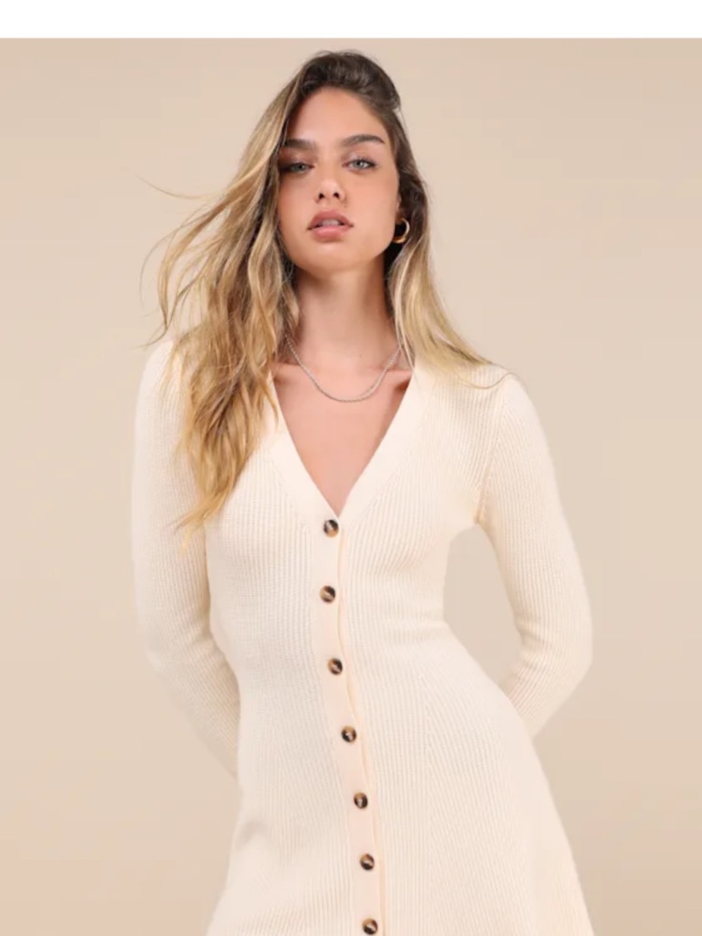 Lulu's Cream Ribbed V-Neck Button-Front Cardigan Dress Size Small